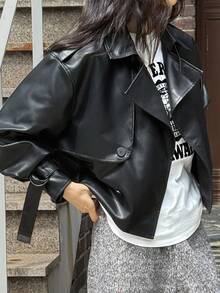 DAZY Women's Casual Loose PU Leather Lapel Long Sleeve Jacket, Autumn Y2k Women Coats