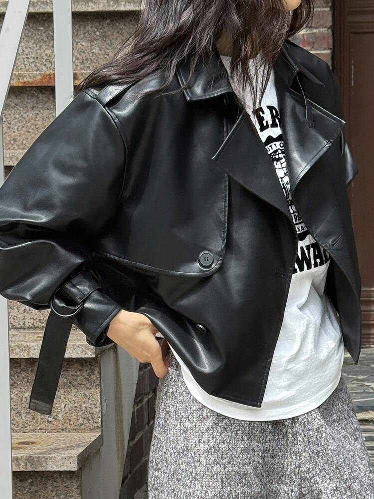 Women's Casual Loose PU Leather Lapel Long Sleeve Jacket, Autumn Y2k Women Coats