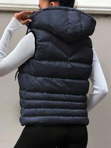 EURMUSE Zip Up Drawstring Hooded Puffer Vest Coat - Navy Blue - View 2