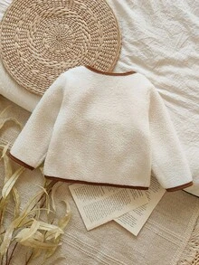 Vintaside Kids 1pc Baby Girls' Winter New White Faux Fur Trim Brown Front Pocket Lapel Minimalist Contrast Color Elegant Versatile Warm Jacket Fall - White - View 2