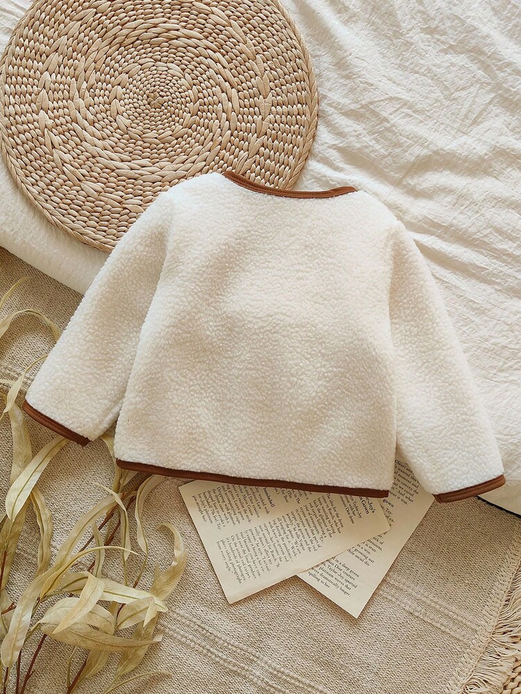 Vintaside Kids 1pc Baby Girls' Winter New White Faux Fur Trim Brown Front Pocket Lapel Minimalist Contrast Color Elegant Versatile Warm Jacket Fall - White - View 2