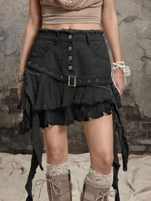 ROMWE Grunge Punk Y2K 破洞设计荷叶边拼接女式牛仔迷你裙 - 黑色 - 查看 6