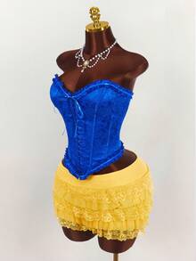 Amplova Bộ 2 món áo crop top cạp chun kim loại và quần short ren lưới mini cho nữ - Nhiều màu - Xem 5