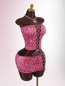 Amplova Bộ 2 món áo bandeau và chân váy mini họa tiết da báo thời trang gợi cảm dành cho nữ, mùa hè - Nhiều màu - Xem 5