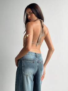 Aloruh Women's Sexy Elegant Criss-Cross Plunge Neck Hollow Out Tie-Dye Print Backless Cami Top - Mocha Brown - View 2