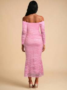 MaterniChic Elegant Party Solid Color Lace Off-Shoulder Maternity Dress - Pink - View 2