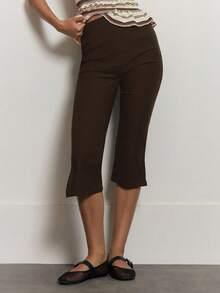 MUSERA 中腰纽扣七分紧身裤 夏季度假 Y2K 优雅可爱休闲性感 集体派对 - 巧克力棕 - 查看 2