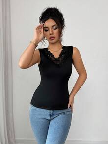 Elenzga Women's Elegant Thick V-Neck Contrast Color Lace Camisole, Casual Versatile Layering Piece For Daily Wear, Autumn/Winter - Black - View 5