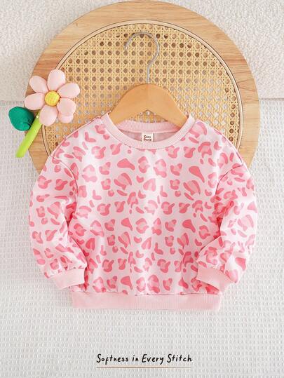 Cozy Pixies 女婴彩色花卉针织柔软圆领落肩卫衣豹纹幼儿上衣女婴服装长袖女婴卫衣动物印花服装幼儿豹纹婴儿服装秋冬