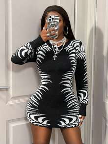 BamGleam 全新女式黑白艺术提花圆领长袖短款连衣裙 - 黑色 - 查看 3