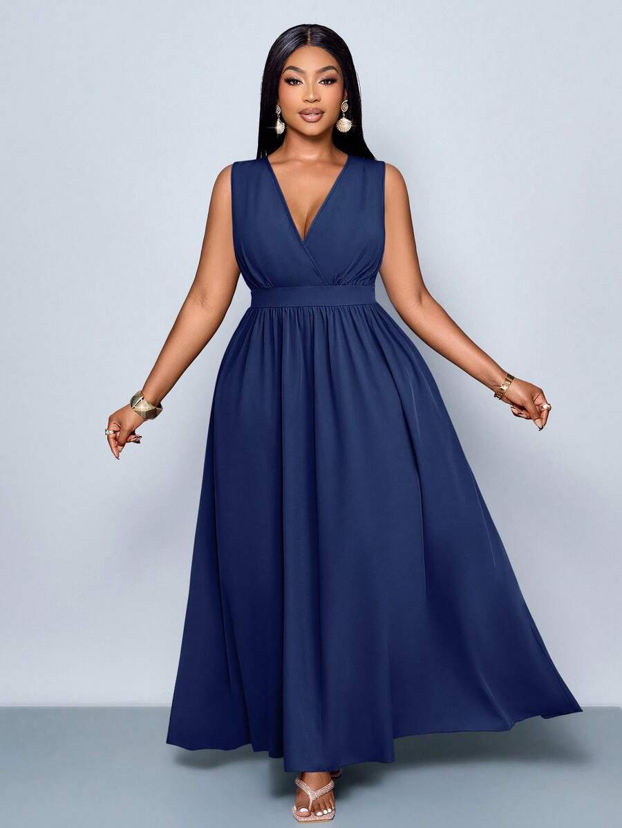 SOLERSUN 大码新款春夏时尚纯色交叉深V领长款休闲宽松A字连衣裙，四季简约服饰，休闲宽松长裙，日常通勤旅行海边度假休闲连衣裙 - 藏蓝色 - 查看 1