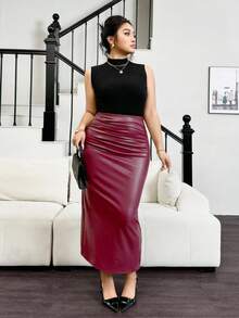 Elenzga 加大码纯色褶皱修身仿皮铅笔裙，适合上班穿着 - 紅色 - 查看 4