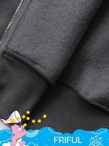 SHEIN X Care Bears FRIFUL Chaqueta con capucha de forro polar con cremallera, cordón y gráfico de oso de dibujos animados, para uso casual y diario, invierno