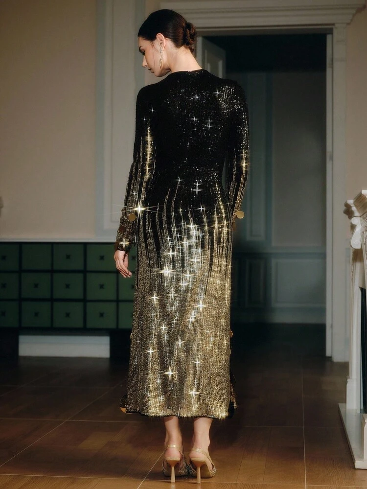 Women's Elegant Christmas & Halloween Costume, Fashion Classic Graceful Sequin Ombre Luxurious Gold Sequin High-End Glamorous Evening Gown