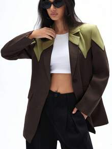 GENKIRA 女式现代设计拼色翻领拼布解构休闲长袖西装外套 - 彩色 - 查看 3