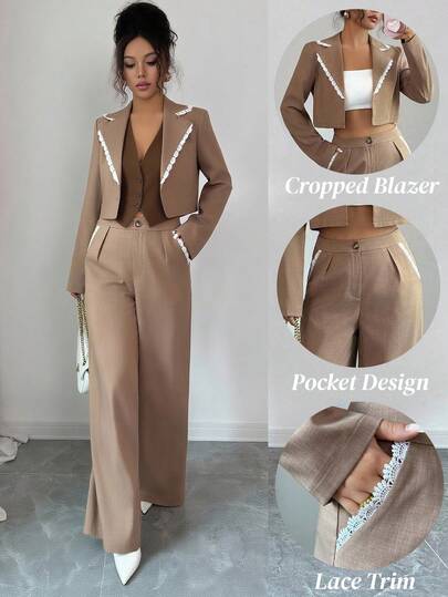 Elenzga Women's Lace Trim Cropped Blazer Jacket + Pants Elegant Office Wear 2 Pieces Set Fall Cloth For Women