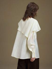 Ontre 优雅风格，简约设计，包含亚麻、醋酸纤维、天丝面料，奶油黄色，长袖，船领，双层领口，宽松版型，女式 T 恤，女式上衣，秋季服装，日常穿着，休闲装，商务休闲装 - 奶油色 - 查看 4