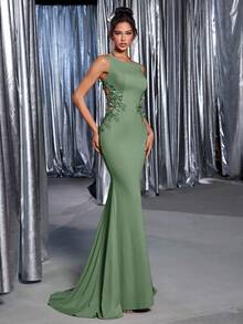 Glamrae 优雅莲花粉色针织船领 3D 花卉刺绣腰部透明美人鱼下摆连衣裙，适合约会、单身派对、毕业典礼、婚礼、正式晚会 - 綠色 - 查看 7