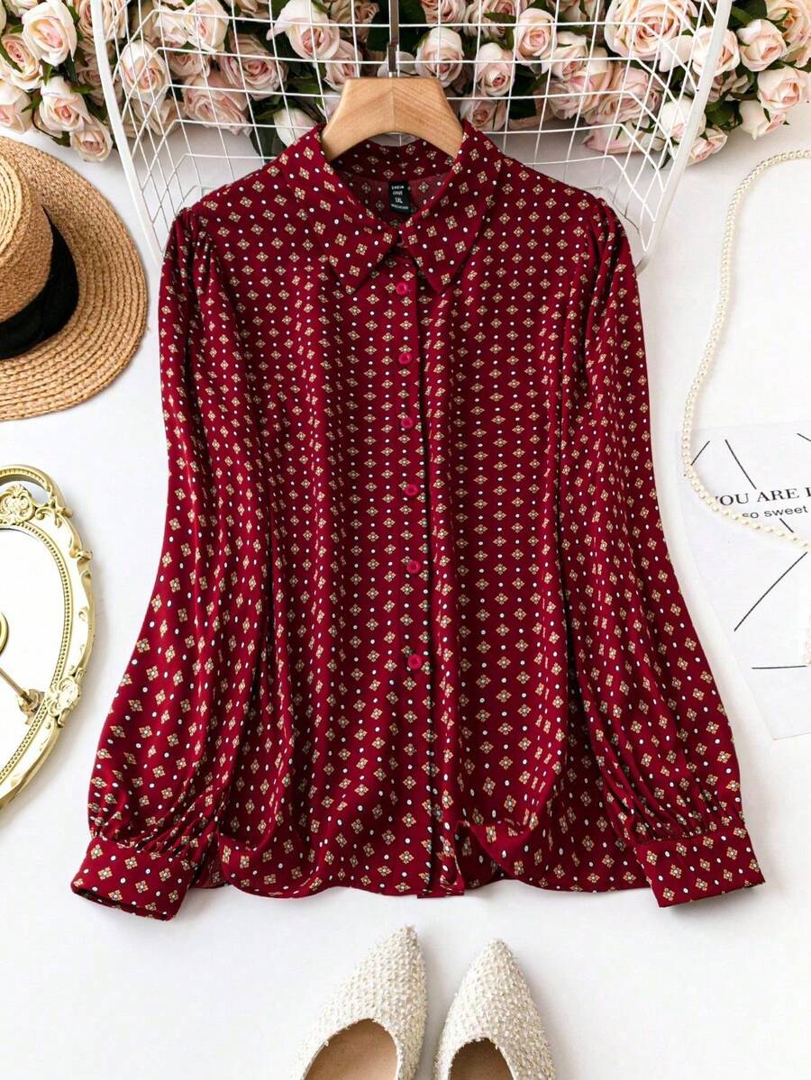 SHEIN Clasi Áo sơ mi tay lỡ in họa tiết toàn thân cỡ lớn dành cho người đi làm thường ngày - Đỏ - Xem 1