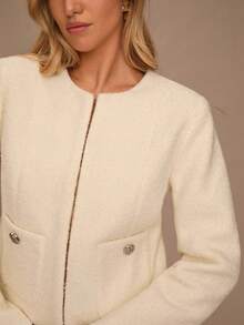 Enchnt 女式纯色长袖双口袋优雅经典夹克，秋冬 - 米色 - 查看 3