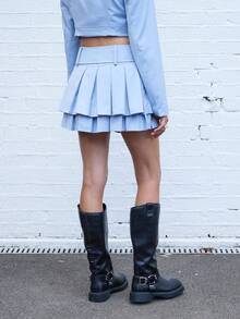 COUREZ 百褶迷你裙配腰带 / Y2K 风格外出穿搭 秋季女装 秋季服装 可爱冬季女装 - 藍色 - 查看 4