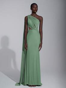 Elitara 优雅长款露背网纱绿色单肩连衣裙，适合度假、舞会、派对、约会、婚礼等场合，也可作为伴娘礼服、情人节礼服。 - 綠色 - 查看 8