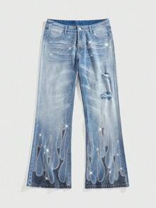 ROMWE MEN Street Life Men's Rhinestone Embellished Denim Jeans, Suitable For Everyday Wear - Blue - View 1