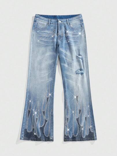 Street Life Jeans en denim ornés de strass pour hommes, convenant pour un port quotidien, printemps/été
