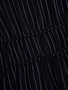 Sweetra Front Tie Deep V Slit Flare Sleeve Cinched Waist Fitted Brown & White Striped Casual, Commute, Date Night Elegant Relaxed Blouse Top, Plus Size - Navy Blue - View 7