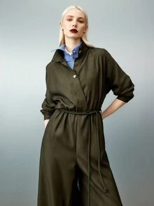 Airlisse Vintage Military Green Collared Shirt With Drawstring Jumpsuit, Suitable For Spring And Autumn Fall Cloth For Women