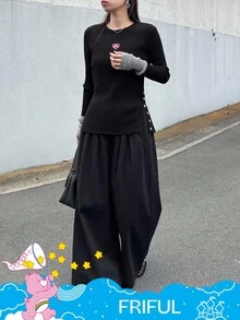 FRIFUL SHEIN X Care Bears 女款圓領修身緊身毛衣，愛心與字母刺繡，對比色袖口拼接，校園度假風 - 藏蓝色 - 查看 4