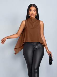 SOLERSUN Áo cánh không tay màu trơn thanh lịch, viền lệch, thời trang xuân hè cho nữ - Cà phê nâu - Xem 3