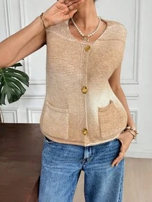 SHEIN Frenchy Women's White Autumn Casual Brunch Ombre Metal Single-Breasted Pocket Knit Sweater Vest,Gradient Coarse Sleeveless Cardigan,Retro Elegant Christmas - Multicolor - View 6