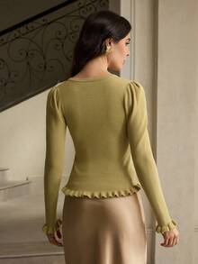 ZEYLAH Elegant French Style Women Sweater With Floral Lace 3D Decor - Gold - View 4