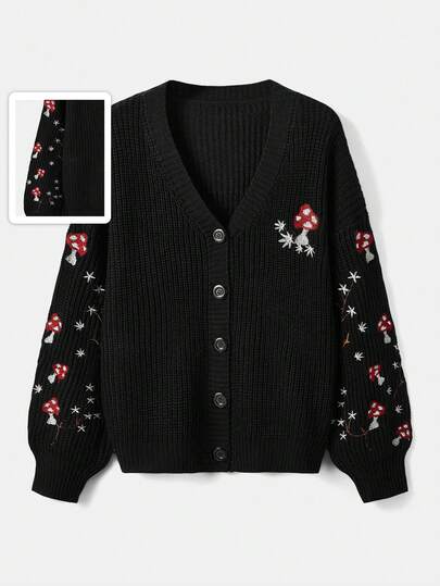 Fairycore Mushroom Embroidery Button Front Cardigan
