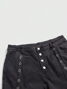 ROMWE Goth Plus Size Autumn/Winter Leather Rivet Distressed Asymmetrical Flared Hem Jeans, Plus Size Women Bottoms For Autumn, Plus Size Women Denim Pants For Autumn/Winter, Casual Daily Wear, Vintage Washed Fitted Flared Plus Size Jeans, Distressed Wash Rivet Details - Black - View 3