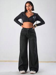 EURMUSE WOMEN CLASSIC HIGH WAIST WIDELEG BLACK WASH DENIM JEAN BACK LABEL AND RİVET - Black - View 6