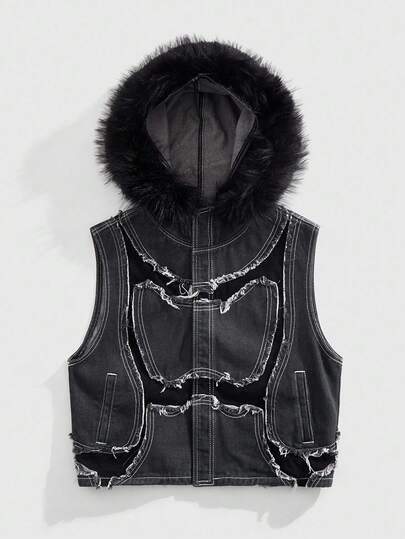 ROMWE Avant Men's KPOP Fashion Color Block Faux Fur Collar Hooded Sleeveless Denim Jacket