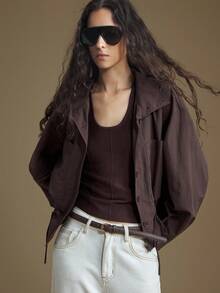 Ontre 2025年秋季新款女装、秋冬服装、四季服装、冬季服装、女装返校装、开学装、万圣节和圣诞节、女教师服装、外出装、夜间外出装、婚礼宾客礼服、优雅婚礼宾客装、教堂装、女士教堂装、商务休闲装、女士休闲通勤装、女士棕色常规夹克休闲百搭棕色抽绳腰部夹克、新年服装 - 巧克力棕 - 查看 4