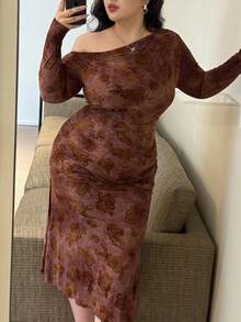 Flirla Plus Size Off Shoulder Long Sleeve Pleated Flocked Rose Elegant Split Bodycon Dress For Dates & Parties, Autumn/Winter Fall Cloth For Women