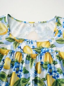 Joliand Joliand Tween-Mädchen 2-teiliges Set mit elegantem urbanem tropischem Blumendruck, Oberteil mit Puffärmeln und blauen Shorts mit Rüschensaum, geeignet für Ausflüge, Partys, Strand und Sommer - Verschiedenfarbig - Übersicht 5