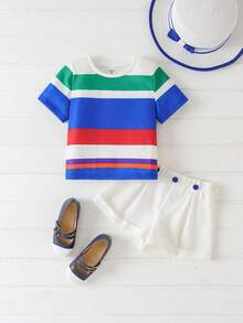 Joliand Joliand 2pcs Young Girl Elegant City Academic Colorful Striped Round Neck Short Sleeve T-Shirt And White Shorts Set,Summer Back To School Party Daily Wear - Multicolor - View 3