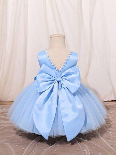 SHEIN Glamorique Kids 圣诞公主女童连衣裙，薄纱泡泡裙派对礼服，花童礼服，适合婚礼、派对、季节，蓝色；白色串珠 V 型后背大蝴蝶结公主裙