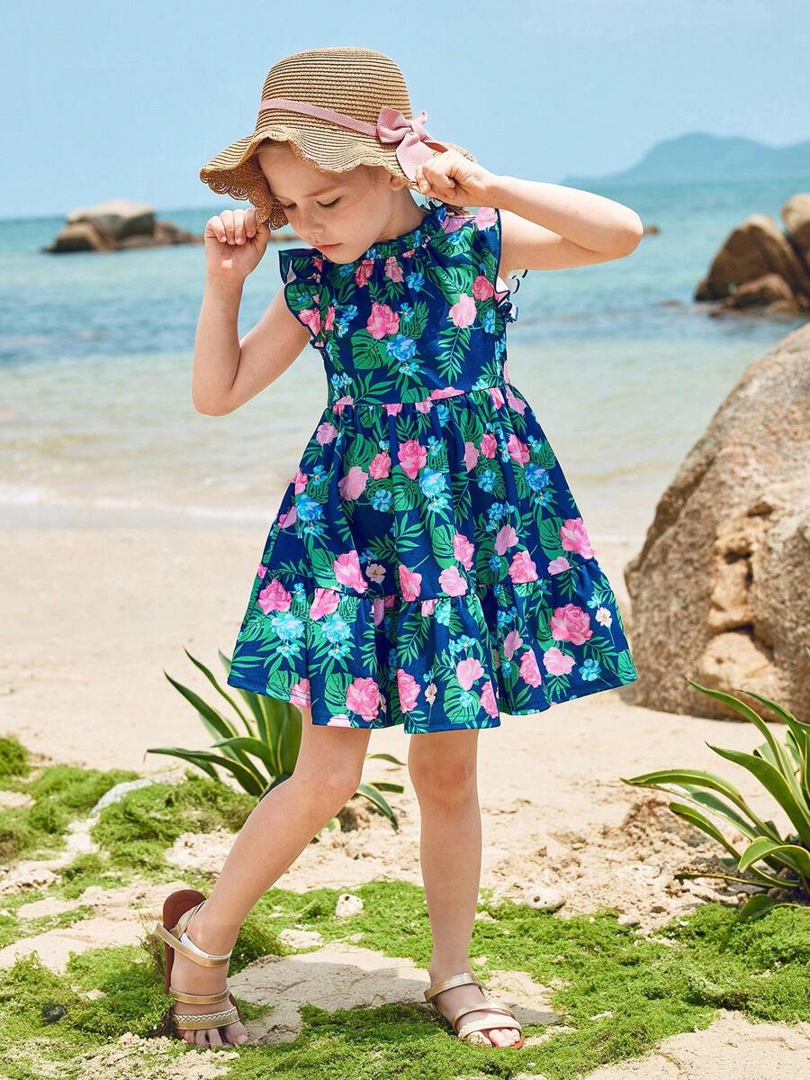 Joliand Joliand 1pc Young Girl Urban Elegant Green Leaf & Pink Floral Print Ruffle Hem Loose Sleeveless Dress,Navy Blue,Summer,Beach,Holiday For Casual,Party,Wedding - Multicolor - View 1