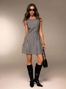 Avantive 夏季新款女士无袖露背A字粉色条纹迷你连衣裙 - 灰色 - 查看 6