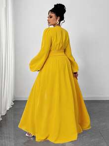 Maweii Váy quấn tay bồng màu trơn thanh lịch cỡ lớn cho nữ, thiết kế đa năng cho tiệc tùng, đi chơi, hẹn hò lãng mạn, tay dài đầu thu - Màu vàng - Xem 7