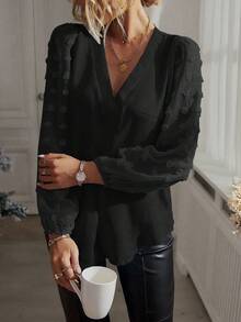 EMERY ROSE Casual Versatile Solid Color Long Sleeve Shirt Swiss Dot Blouse Puff Sleeve Blouse Long Sleeve Black Top Lantern Sleeve Blouse Black V Neck Blouse - Black - View 5