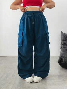 SHEIN Tall Quần túi hộp rộng rãi màu trơn cỡ lớn - Màu xanh hải quân - Xem 1