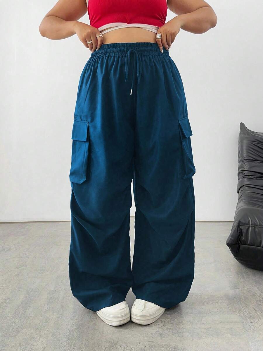 SHEIN Tall Quần túi hộp rộng rãi màu trơn cỡ lớn - Màu xanh hải quân - Xem 1