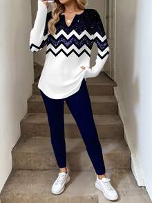 SHEIN LUNE 2pcs/Set Women Long Sleeve T-Shirt And Leggings, Autumn/Winter Pullover For Women Comfy Sets Women,Fall - Multicolor - View 4